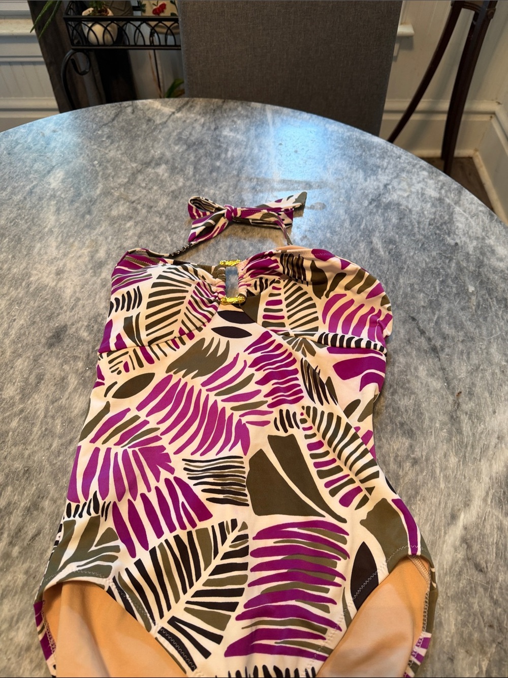 Lands' End Purple, Olive & Cream Leaf-Print One-Piece Swimsuit